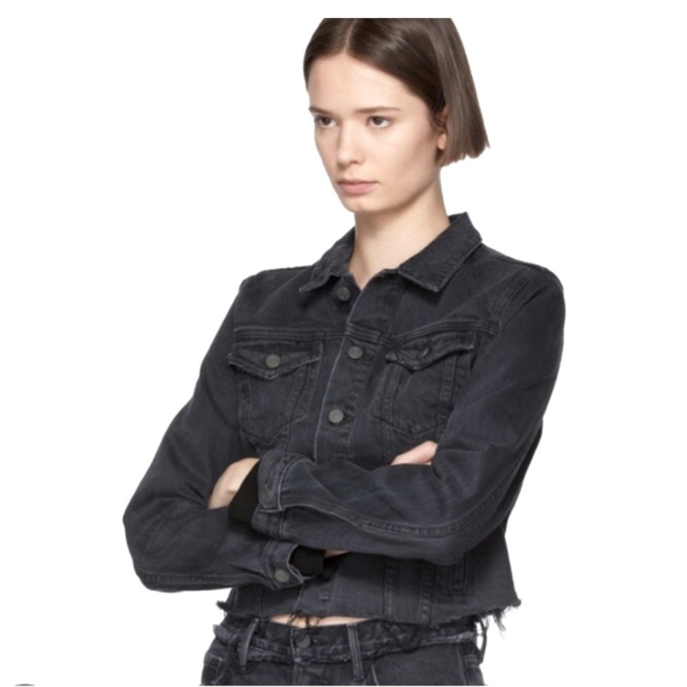 GRLFRND fade black denim frayed cropped jacket Revolve fall designer jean casual